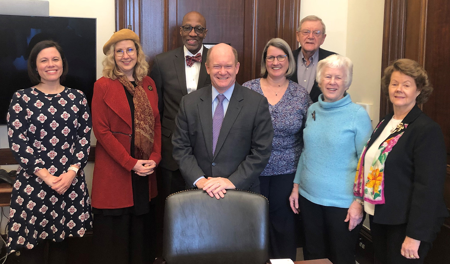 PC(USA) visitors to Capitol Hill, with Sen. Chris Coons (center), 2023. Photo by senate office staff member.