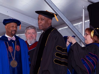 Rev. Dr. J. Herbert Nelson, II, receives an honorary doctorate of divinity degree during commencement at New Brunswick Theological Seminary. Photo by Allison Brown.