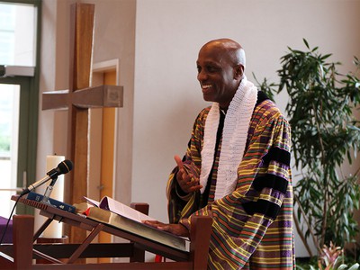 Stated Clerk of the General Assembly, the Rev. J. Herbert Nelson, II leads worship at the Presbyterian Center chapel in Louisville, Kentucky.