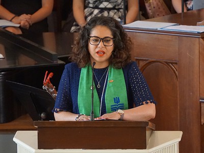 Ruling Elder Vilmarie Cintrón-Olivieri, Co-Moderator of the 223rd General Assembly (2018) speaks at the opening convocation at Columbia Theological Seminary