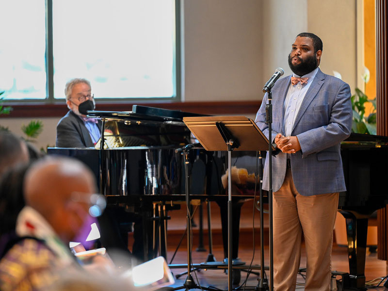 Phillip Morgan sings at the during the Juneteenth Worship service at the 225th General Assembly on June 19, 2022, at the Presbyterian Center in Louisville, Kentucky. (Photo by Rich Copley)