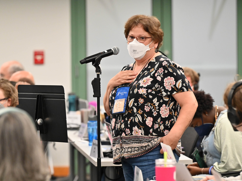 Lazara Delgado Abernathy, a ruling elder from Fort Worth, Texas, spoke during opening activities of the Health, Safety and Benefits Committee on June 23, 2022. (Photo by Rich Copley) 