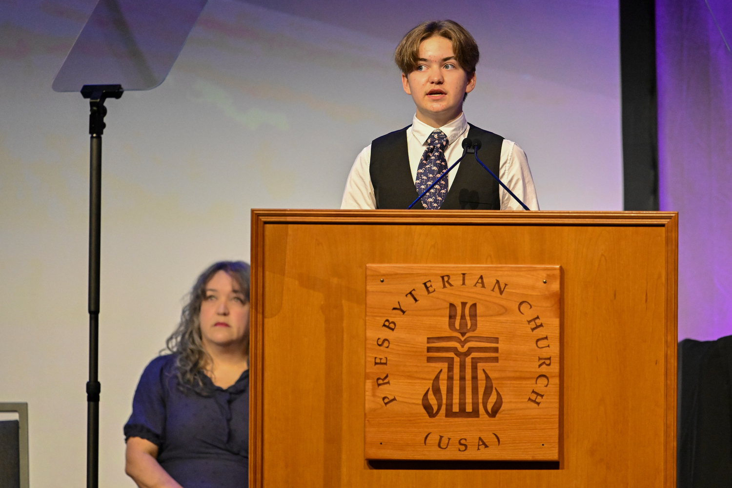 Owen Gibbs, a transgender teen from Utah, spoke at the opening of Plenary 4 of the 224th General Assembly on July 1, 2024. Photo by Rich Copley.