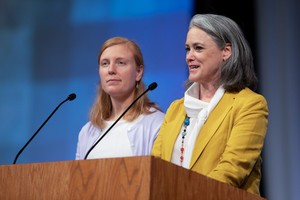 Miriam Foltz and Anne Apple, make their report to the 223rd General Assembly