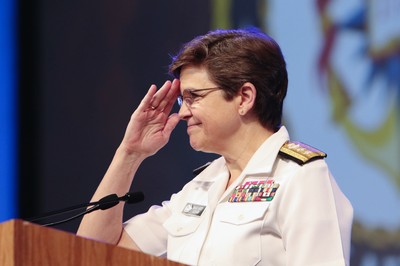 Rear Admiral Margaret Grun Kibben, Chief of Chaplains United States Navy brings delegates to their feet as guest speaker during a portion of Wednesday's plenary 5.