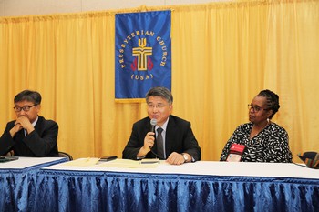(Left to right): the Rev. Kyoung-gyun Han, the Rev. Jaecheon Lee and the Rev. Robina Winbush speak during a press conference of Korean Church leaders at 223rd GA (2018)