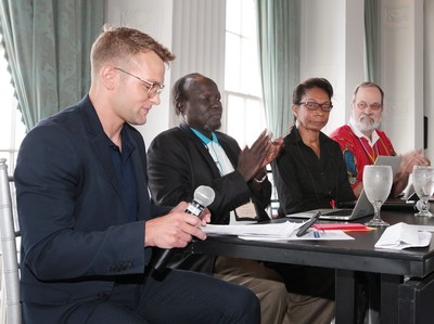 [left to right]: Blake Collins, John Yor Nyiker, Leisa Wagstaff and Dave Carver participate in a panel on mission partnership in South Sudan. 