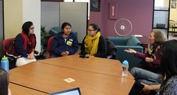Three advocates with the Coalition of Immokalee Workers visit with staff at the Presbyterian Church (U.S.A.) offices in Louisville, Ky. The group was hosted by Ruth Farrell (right) with the church’s Hunger Program.