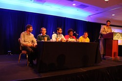 (left to right) Hunter Farrell, director of World Mission with the Presbyterian Mission Agency; Conrado Olivera of Joining Hands Peru; Esam Boraey, human rights activist; Samantha Master of Black Lives Matter; Frances Bagotlo Laminero of InPeace in the Philippines; and Moderator the Rev. Traci Blackmon during a panel discussion on People Power around the World. 