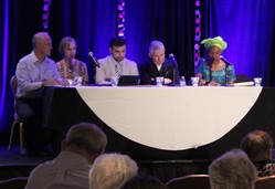 Panel discussion on the churches' response to systems of exploitation, moderated by David Schilling (far right) with the Interfaith Center on Corporate Responsibility.