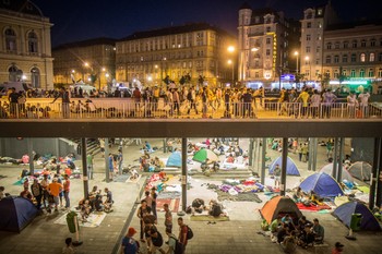 Syrian refugees at a train station in Budapest in the summer of 2015.