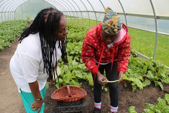 Cynthia White, coordinator of SDOP (left), meets with a member of Detroit’s Oakland Avenue Community/Market Garden and Greenhouse Cooperative.