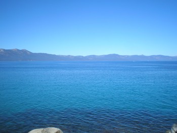 Lake Tahoe, seen here from the Donaldson Amphitheatre at Zephyr Point Presbyterian Conference Center, is 22 miles long, 1,600 feet deep, and the water temperature in mid-August is about 68 degrees.