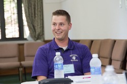 Chaplain candidate Garrett Burns of the Cumberland Presbyterian Church in McKenzie, Tenn., shares a smile with the PCCMP endorsement committee during his interview and consultation. 