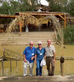 2014 MOP participants Sherman Skinner, Lorrie Rowland Skinner and Lawrence Bartel (l-r) at Jesus’ baptismal site on the Jordan River.