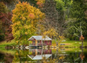 Lakeside Cabin sits in a serene setting on Denton Lake at Holmes Camp—55 miles north of New York City.