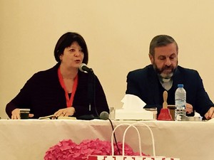 The Rev Dr. Laurie Kraus participates in discussions about the civil war in Syria with the Rev. Fadi Dagher, of the Evangelical Synod of Lebanon and Syria.