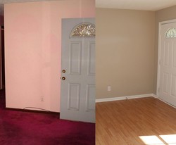 Before and after images of the Promise House living room entry.