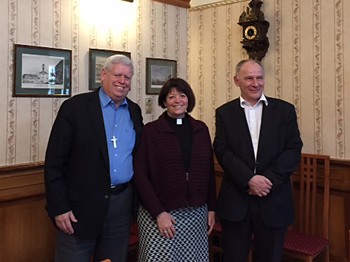 PC(USA) Moderator Heath Rada and the Rev. Dr. Laurie Kraus, coordinator for Presbyterian Disaster Assistance meet with Dr. Istvan Szabo, Bishop of the Reformed Church of Hungary in Budapest.