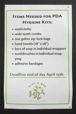 List of items requested for PDA hygiene kits at the Presbyterian Center in Louisville.