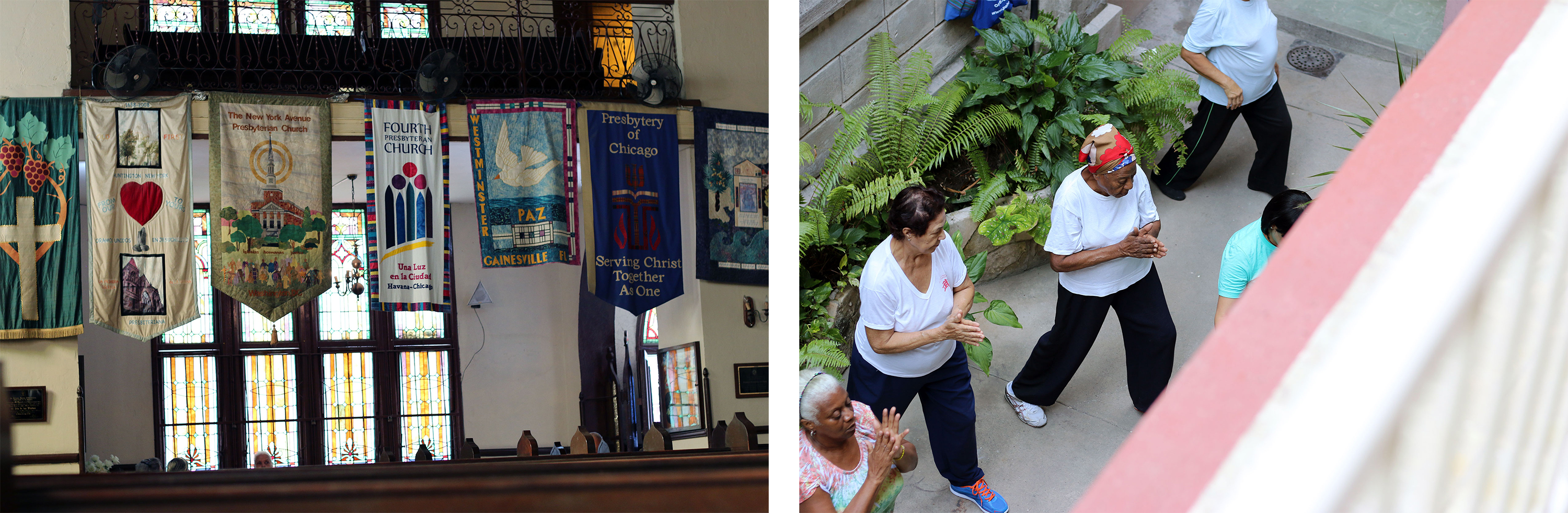 Left: Banners of partner churches in the United States hang along the rear balcony of the sanctuary. (Photo by Fred Tangeman) | Right: This urban church serves the local community in a myriad of ways including a weekly yoga session. (Photo by Randy Hobson)
