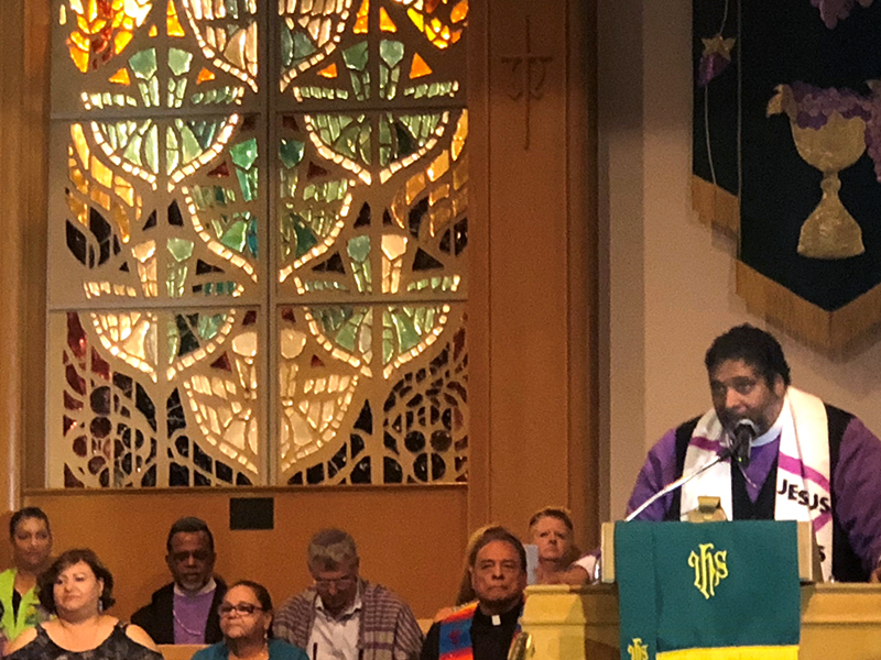 The Reverend Dr. William J. Barber II preaches at a Sunday evening service, prior to the Moral Monday demonstration in El Paso. Photo by the Reverend Alison Harrington.
