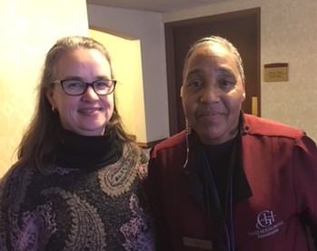 Martha Miller (left) with Nadine at the Galthouse Hotel in Louisville, Kentucky.