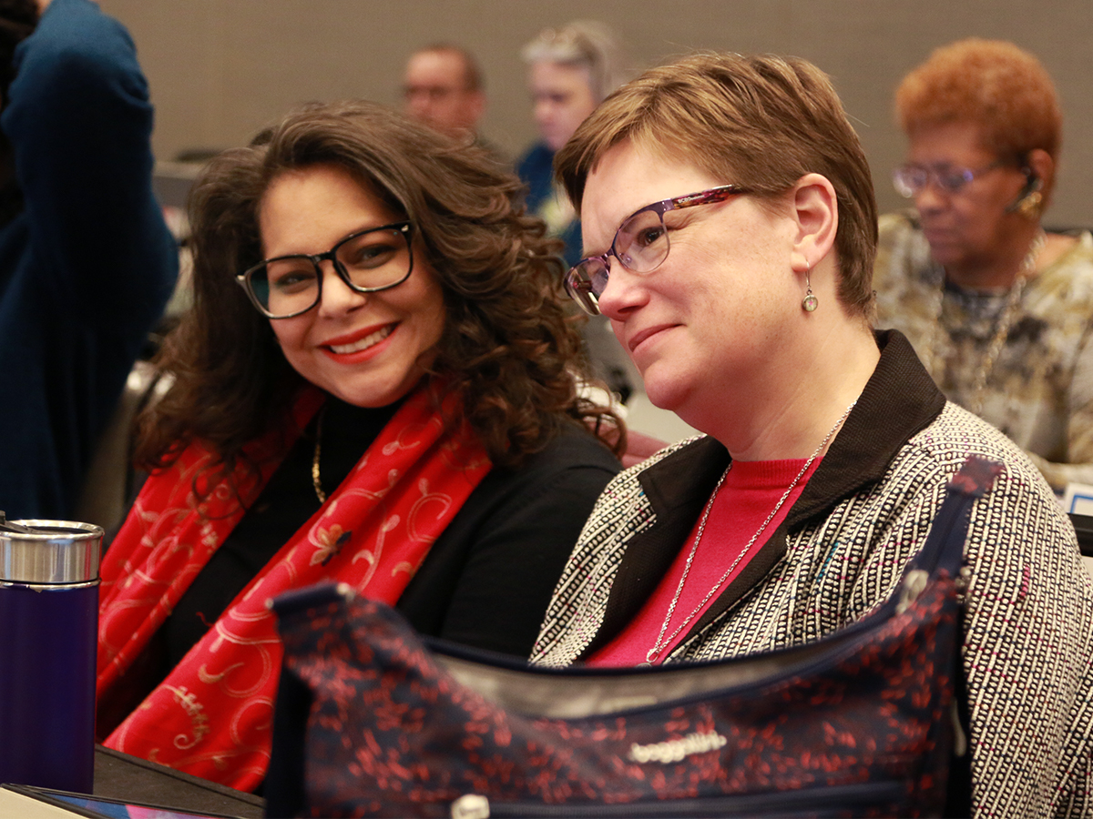 Co-Moderators of the 223rd General Assembly of the PC(USA), Ruling Elder Vilmarie Cintrón-Olivieri (left) and Rev. Cindy Kohlmann (right) participate in the COGA meeting in Baltimore on June 12, 2019. Photo by Randy Hobson.
