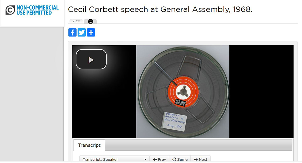Cecil Corbett speech at the 1968 UPCUSA General Assembly in Minneapolis. Listen to Corbett’s speech in Pearl Digital Collections.