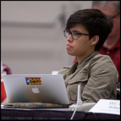 Stephanie Quintana-Martinez listens to the proceedings of The Way Forward Committee.