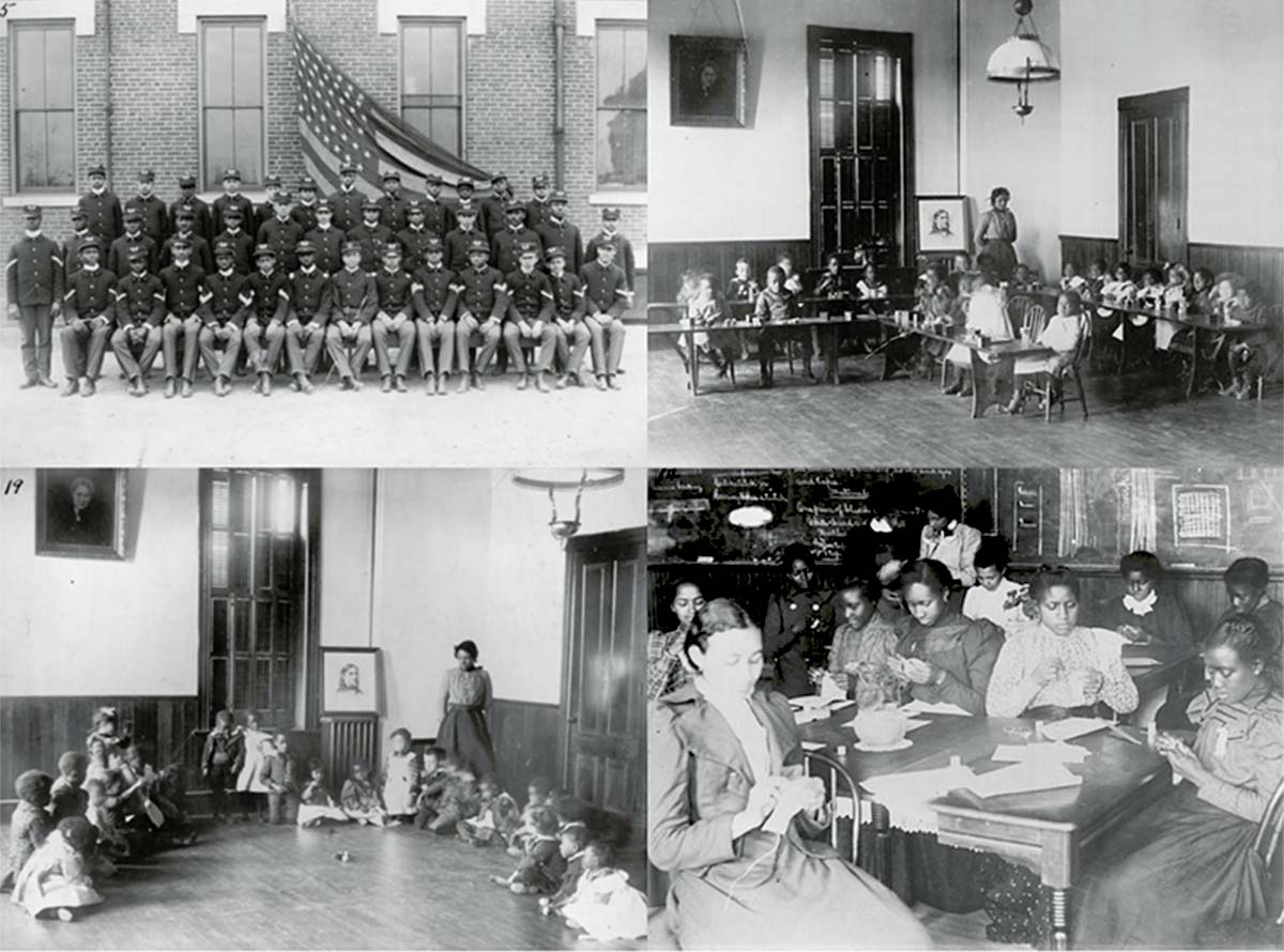 Photographs of the Haines Institute collected for the Paris Exposition. Group photo of cadets outside of the Institute, top left; Kindergarten classes, top right and bottom left; sewing class, bottom right. Images courtesy of Wikimedia Commons.