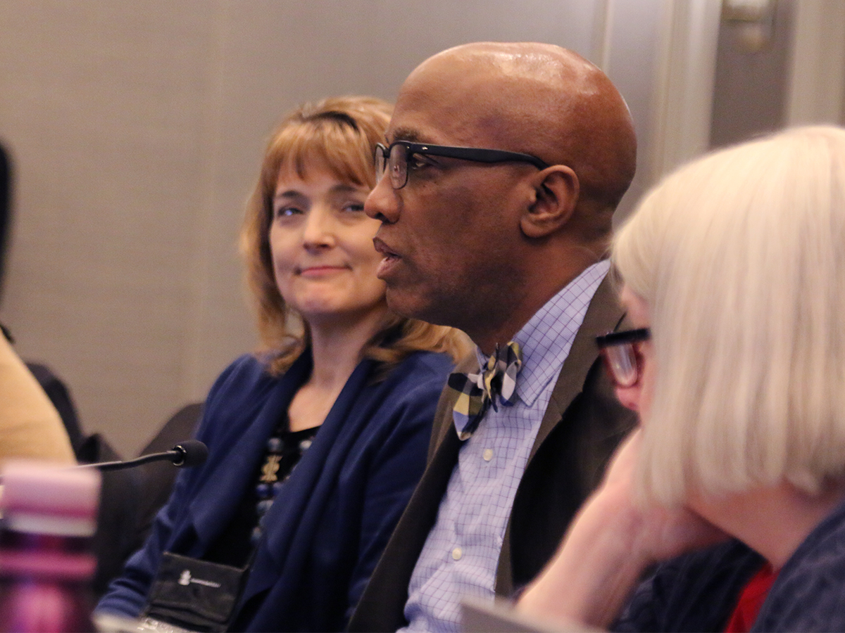 Julia Henderson (left) and the Reverend Dr. J. Herbert Nelson, II, discuss their plans for the 224th General Assembly (2020)with COGA on Wednesday in Baltimore. Photo by Randy Hobson.