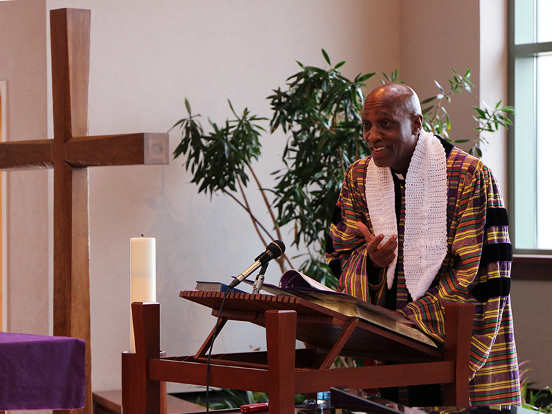 The Rev. Dr. J. Herbert Nelson, II, delivers the eulogy at the worship/memorial service. Photo by Angie Stevens.