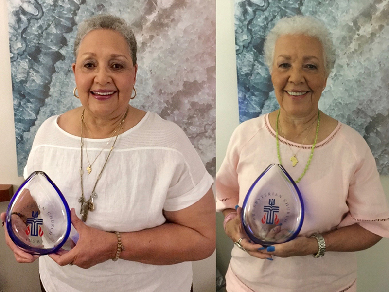 Katherine Goble Moore and Joylette Goble Hylick, daughters of Katherine Johnson, hold the Crystal Teardrop Awards. Photo provided. 