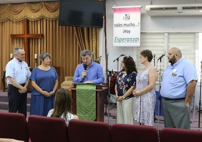 Mayor of Isabel issues proclamation to PC(USA) delegation visiting Montclair Presbyterian Church. (left to right) Rev. Jim Kirk, Rev. Dr. Laurie Kraus from PDA, Mayor Carlos O. Delgado Altieri, Co-Moderators Vilmarie Cintrón-Olivieri and Cindy Kohlmann, and Rev. Edwin González-Castillo from PDA.