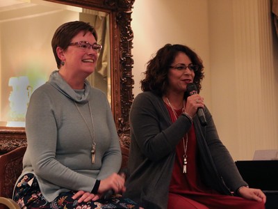 Rev. Cindy Kohlmann and Ruling Elder Vilmarie Cintron-Olivieri take questions during the Moderators’ Conference. 