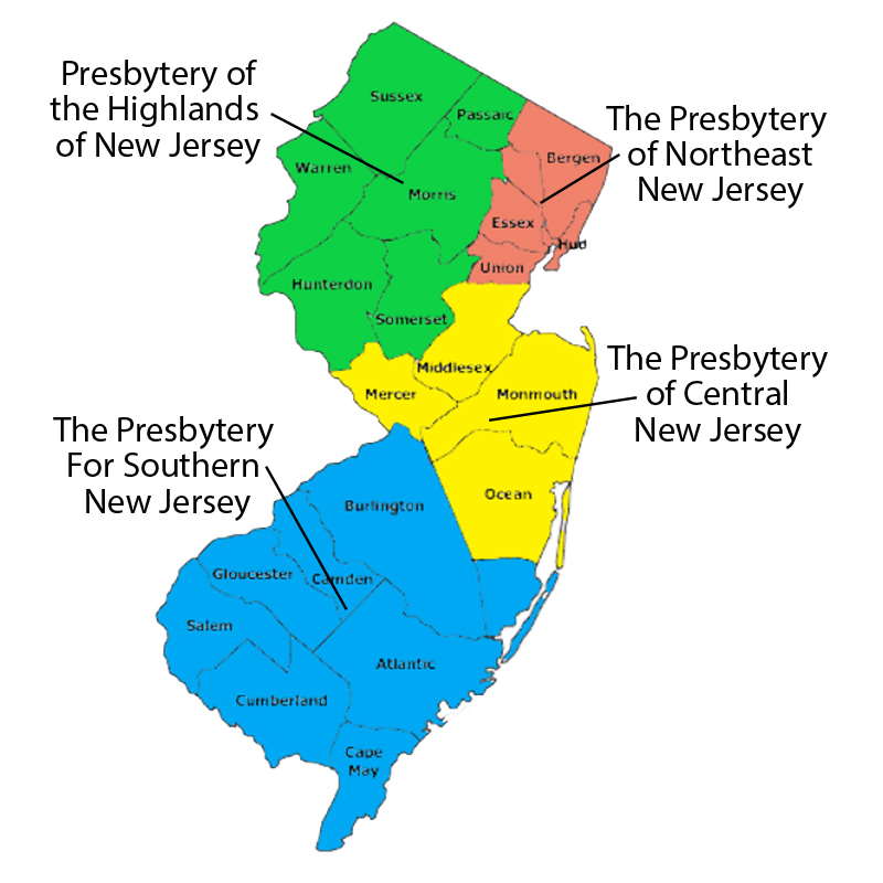 Map of New Jersey with new presbytery boundaries
