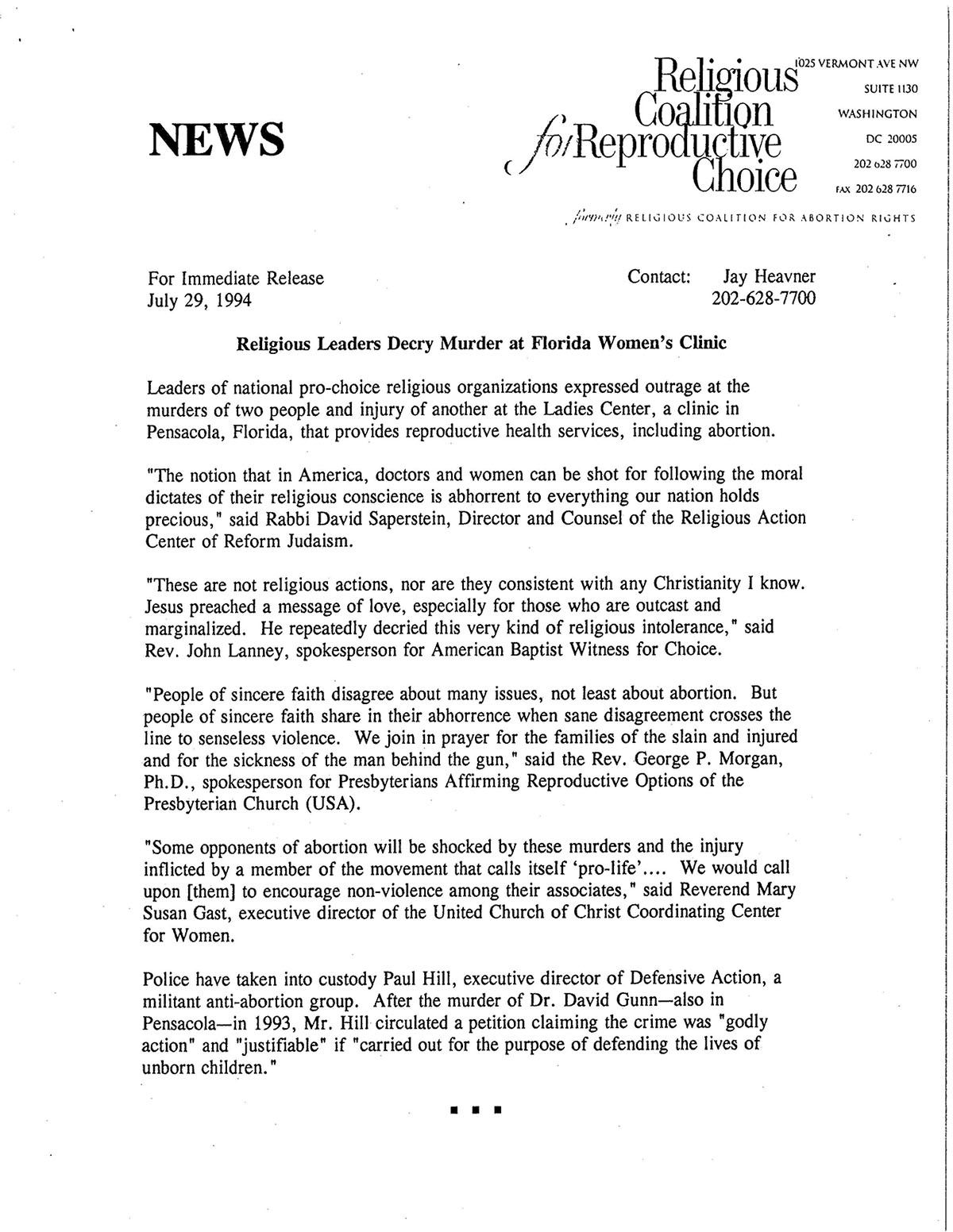Release from Religious Coalition for Reproductive Choice, 1994. PHS RG 519, box 70, folder 11.