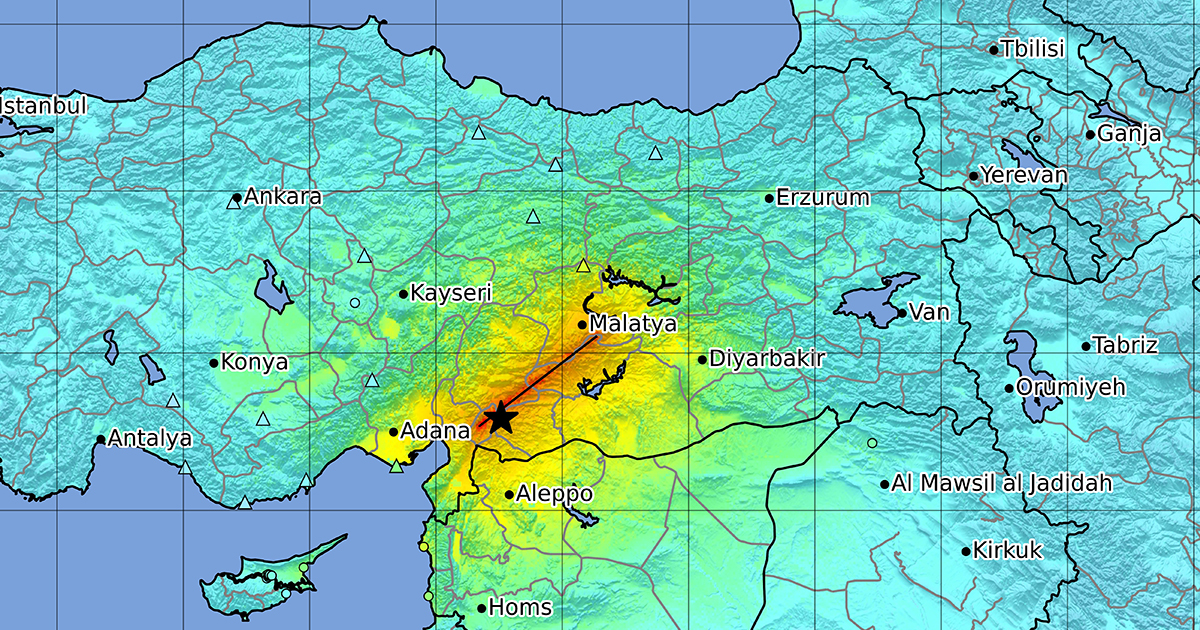 Map of the main magnitude 7.8 earthquake in central Turkey. From the US Geological Society.