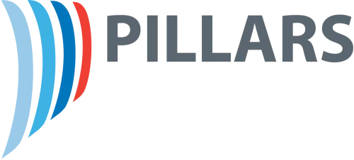 The Pillars logo, red and blue crescent shape lines and the words Pillars. 