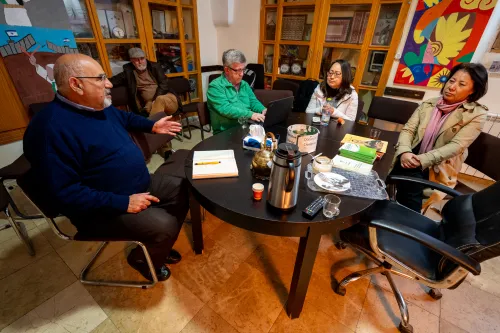 Wi'am's Zoughbi Zoughbi makes a point with the PC(USA) delegation