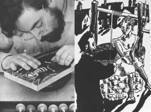 A bearded man bends over a block of wood, which he is engraving. On the right is the black-and-white woodblock print that the artist has created by chiseling into a piece of wood and then laying ink overtop.