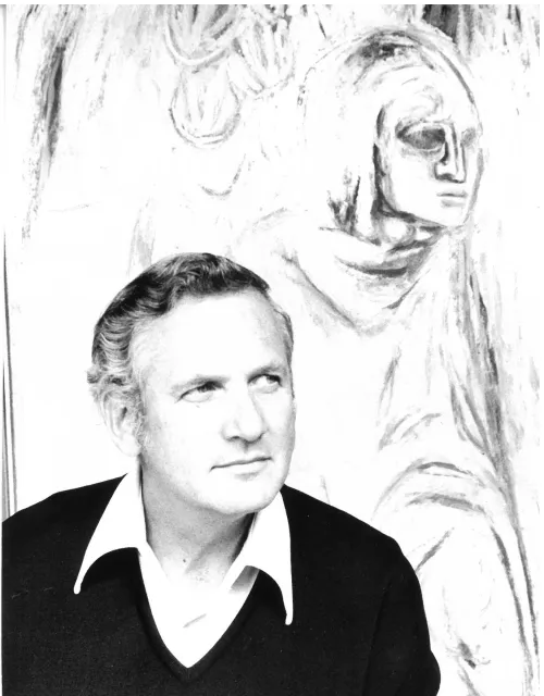 A man stares out of the frame to the right. Behind him, a painted angel does the same. 