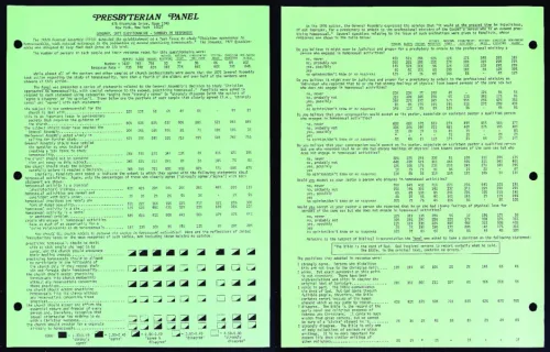 Two-page summary of responses to a survey sent out by the UPCUSA's Task Force on Homosexuality, 1977.