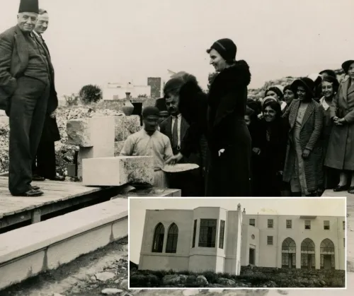 Black and white photograph of a large crowd gathered for a cornerstone-laying ceremony in Lebanon. At the bottom right of the image is a smaller image of the completed dormitory.
