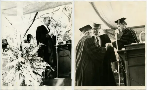 Two black and white photographs. Left shows Rev. Donald Harris, son of the founder, delivered the main address at the Fiftieth Anniversary Convocation. Right shows Rev. Diego Rico-Soltero (left), Superintendent of the Presbytery of Puerto Rico for the Presbyterian Church, receives honorary degree from Dr. James Beverley, President of Board of Trustees, as Dr. Ronald C. Bauer, President, looks on. Ceremony took place on Sunday, March 4, at Founders Day Convocation.