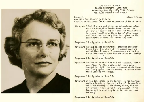 Portrait of Rachel Henderlite, circa 1965; Rachel Henderlite ordination service program.