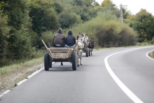 Roma people drive a horse-drawn cart on a public road in Romania. iStock Credit CatEye Perspective