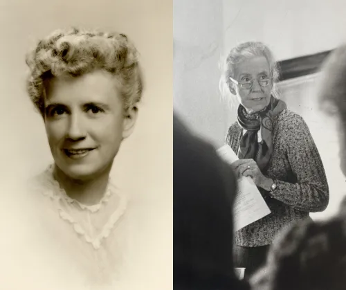 Two portrait photographs of Maggie Kuhn, young on the left, the "wrinkled radical" on the right
