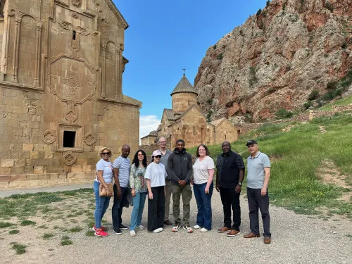Group photo in front of Armenian church and rocks